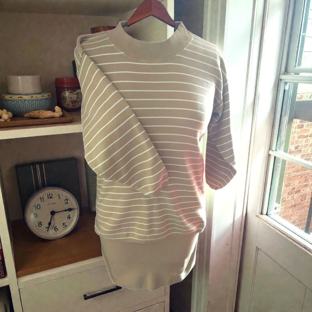Vintage 80s Cristin Stevens Tan & White Stripe Sweater Suit 2-Piece Set